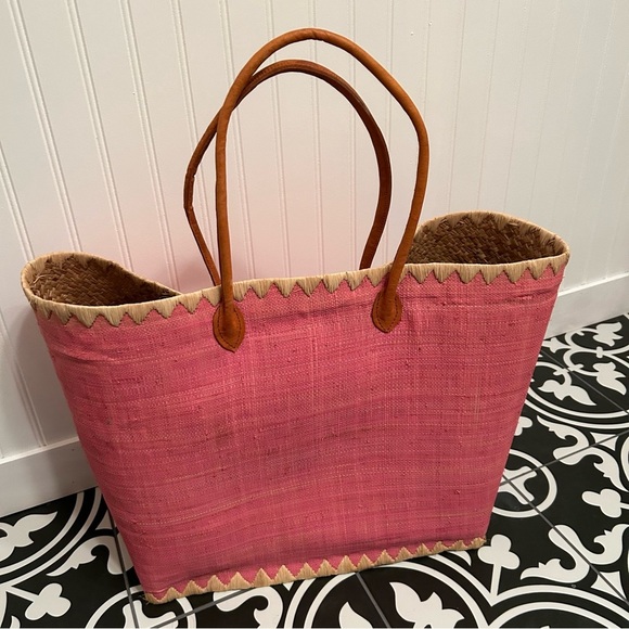 RAFFIA PINK WITH LEATHER HANDLE TOTE BAG Large NWOT - Picture 4 of 12
